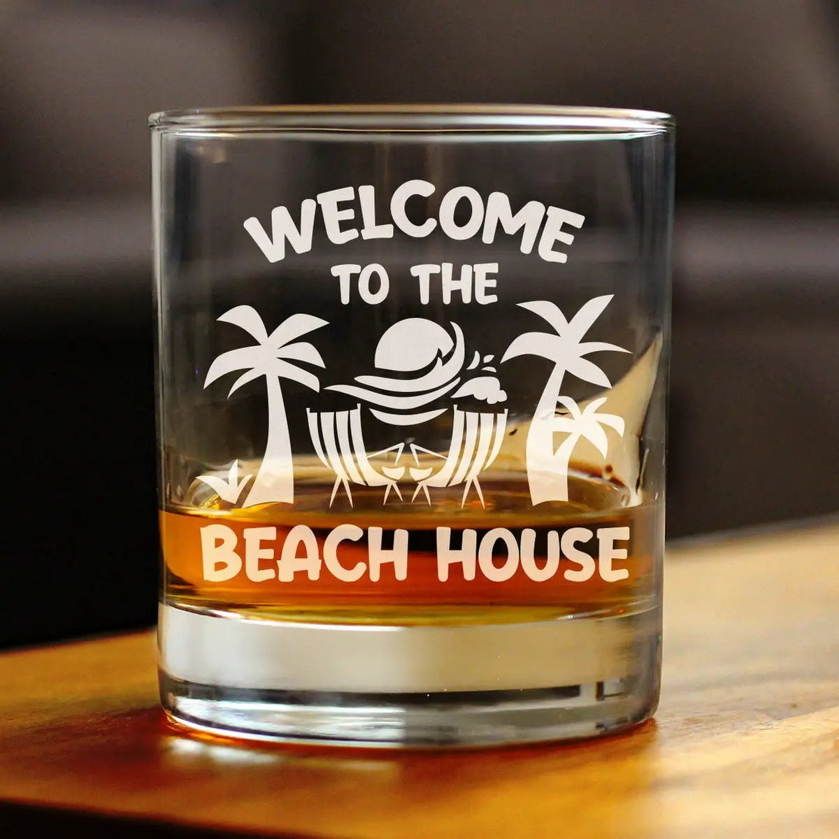Whiskey Rocks Glass | Welcome To Beach House | Hand Etched 10 Oz