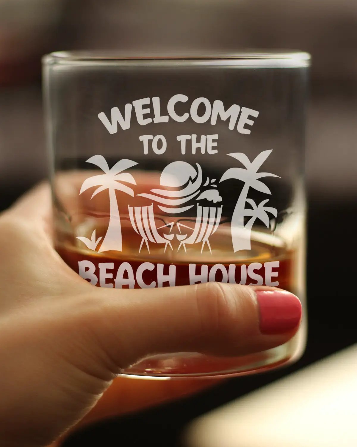 Whiskey Rocks Glass | Welcome To Beach House | Hand Etched 10 Oz