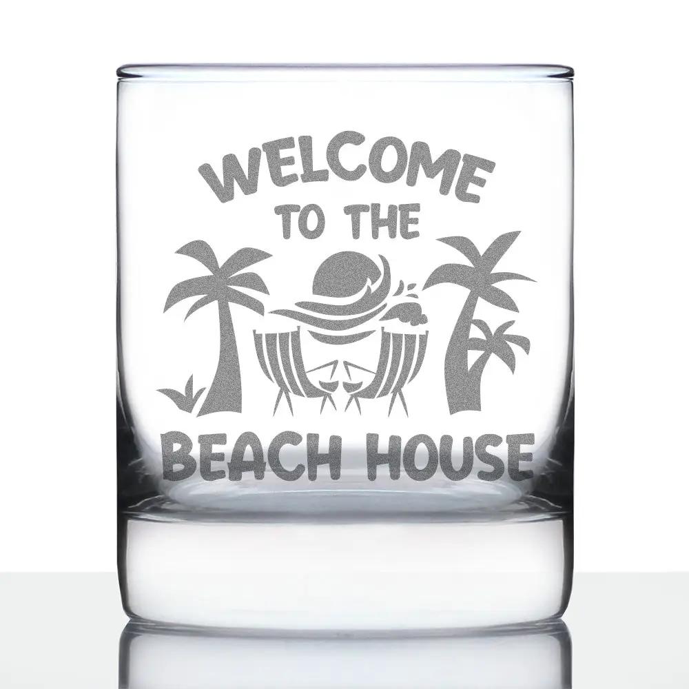 Whiskey Rocks Glass | Welcome To Beach House | Hand Etched 10 Oz