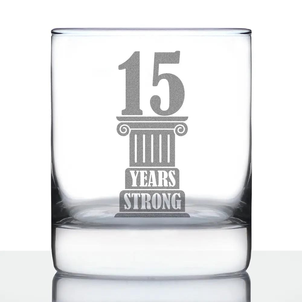 Etched Rocks Glass | 10.25 oz Whiskey Glass | Dishwasher Safe | 15 Years Strong Engraved