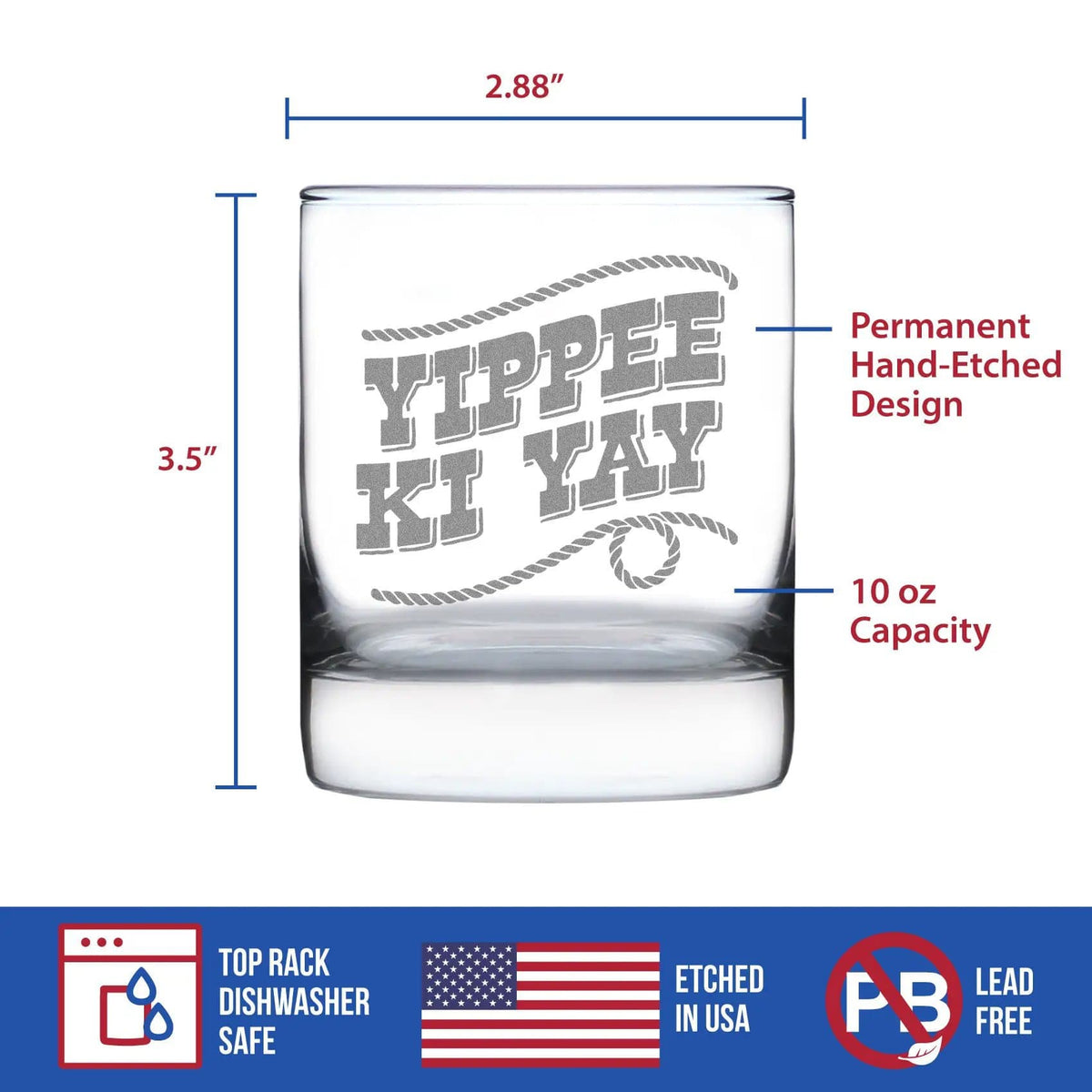 Etched Rocks Glass | 10.25 oz Whiskey Glass | Dishwasher Safe | Yippee Ki Yay Engraved
