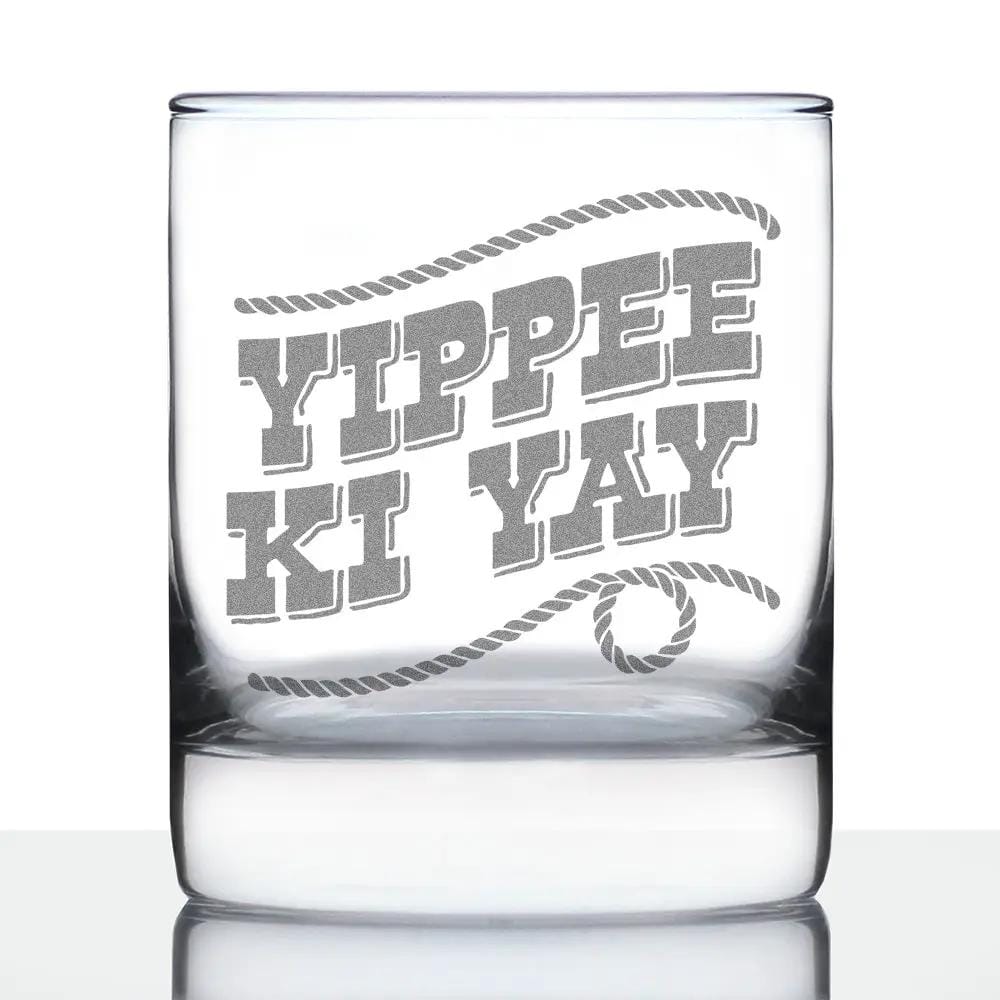 Etched Rocks Glass | 10.25 oz Whiskey Glass | Dishwasher Safe | Yippee Ki Yay Engraved