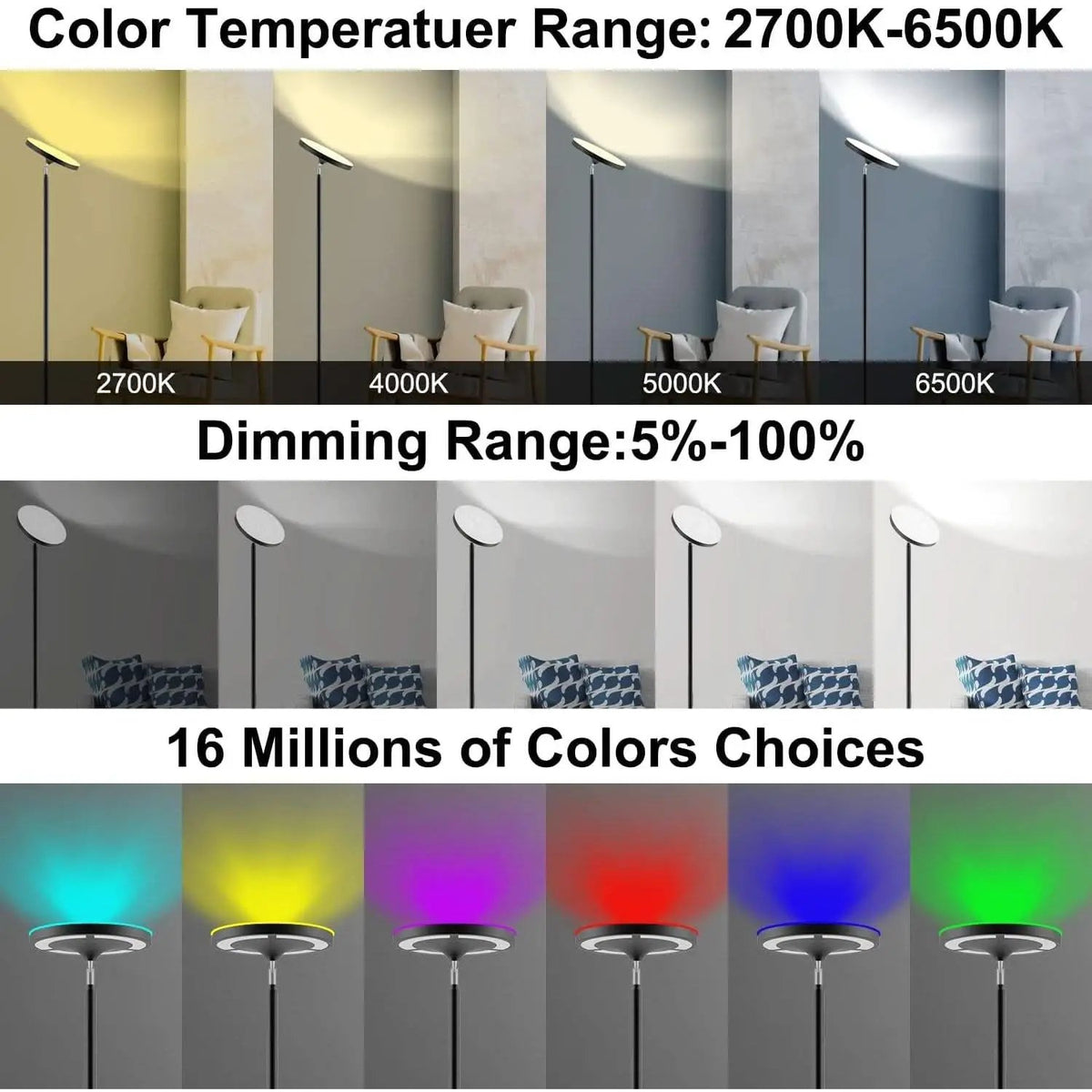 RGB LED Floor Lamp With Remote Dual Side Lighting 2600 Lumens from PriceLows™