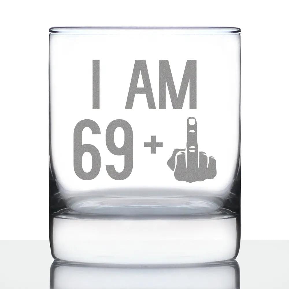 Etched Rocks Glass | 10 oz Whiskey Glass | Dishwasher Safe | 69 + 1 Middle Finger - Funny 70th Birthday