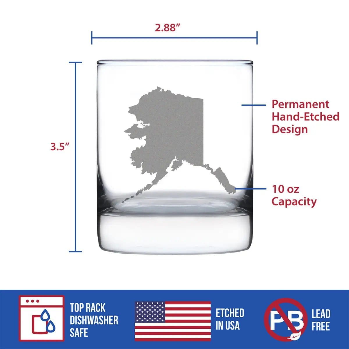 Etched Rocks Glass | 10.25 oz Whiskey Glass | Dishwasher Safe | Alaska State Outline