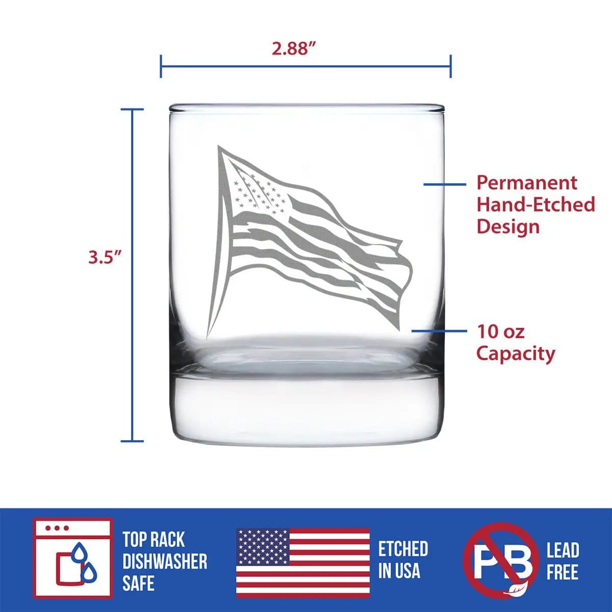 Etched Rocks Glass | 10.25 oz Whiskey Glass | Dishwasher Safe | American Flag