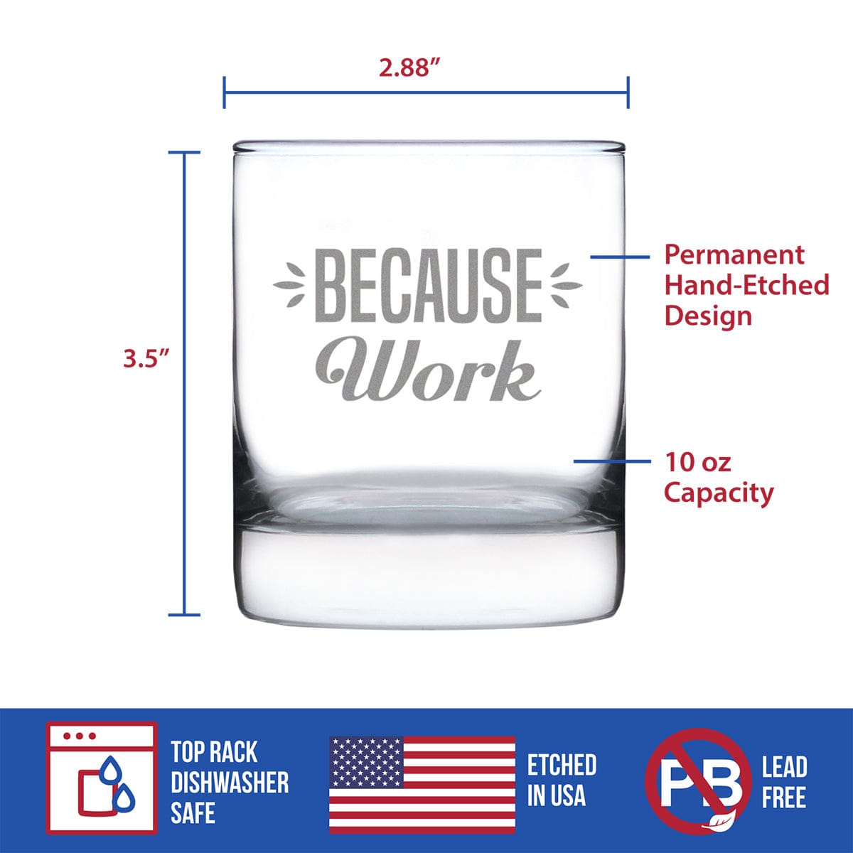 Etched Rocks Glass | 10 oz Whiskey Glass | Dishwasher Safe | Because Work