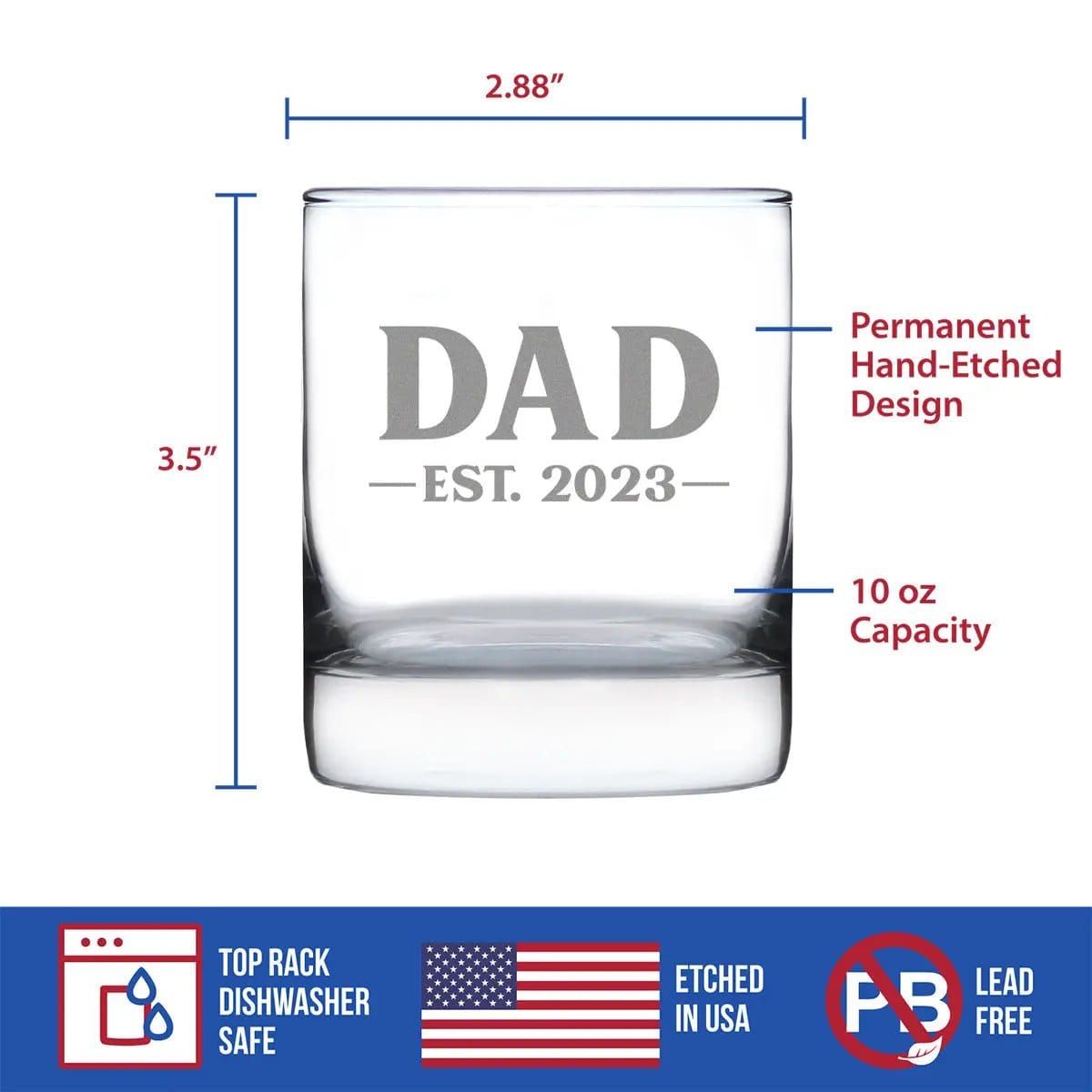 Etched Rocks Glass | 10 oz Whiskey Glass | Dishwasher Safe | Dad Est. 2023 - Bold