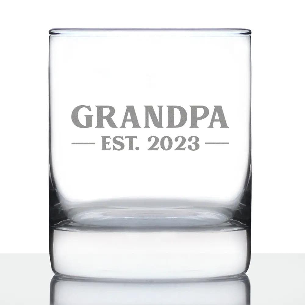 Etched Rocks Glass | 10 oz Whiskey Glass | Dishwasher Safe | Grandpa Est. 2023 - Bold
