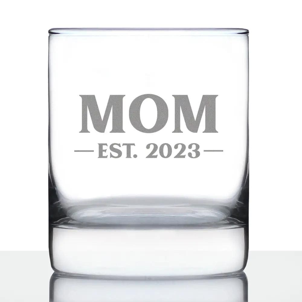 Etched Rocks Glass | 10 oz Whiskey Glass | Dishwasher Safe | Mom Est. 2023 - Bold