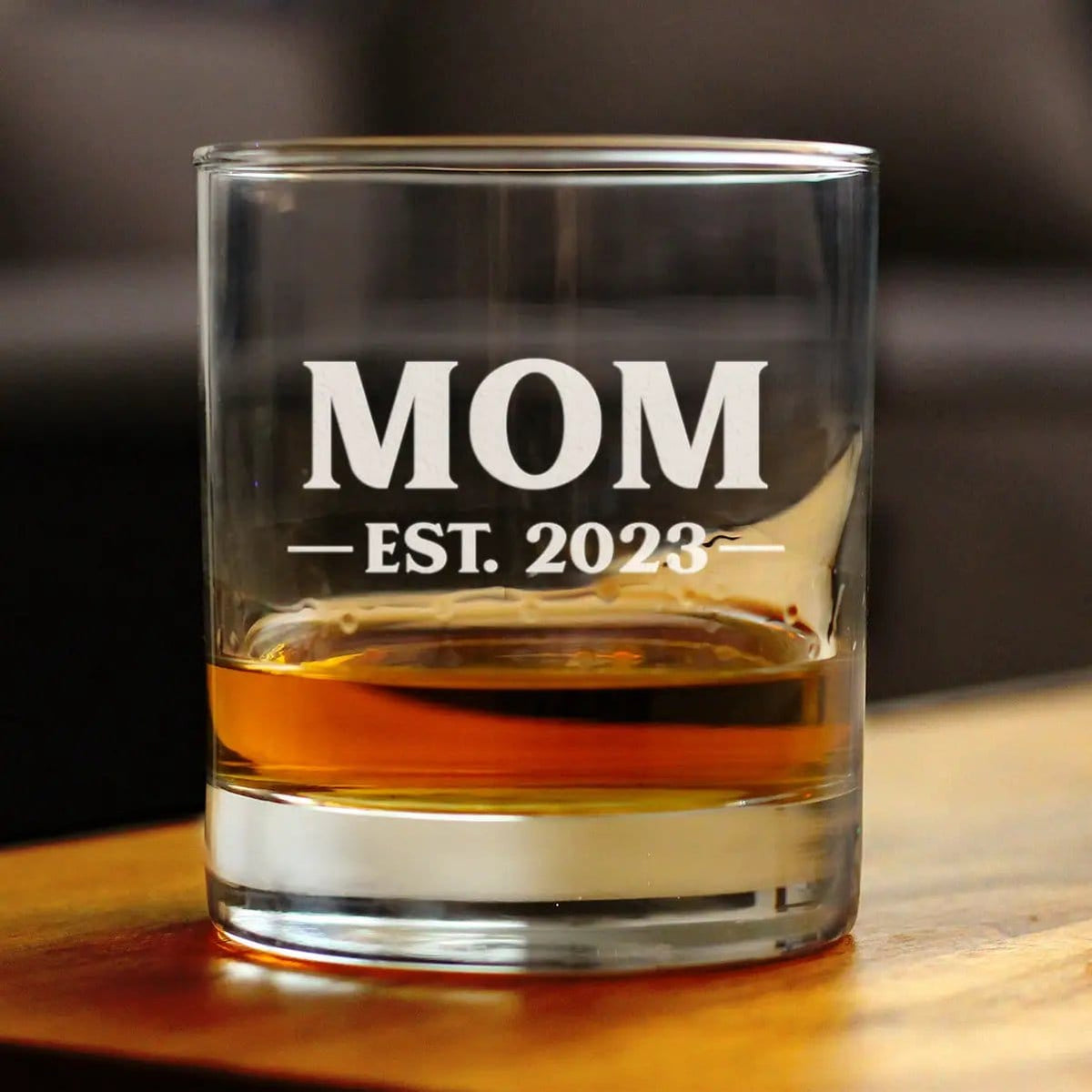 Etched Rocks Glass | 10 oz Whiskey Glass | Dishwasher Safe | Mom Est. 2023 - Bold