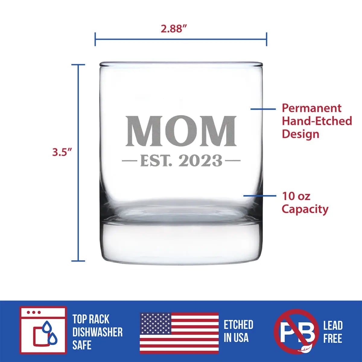 Etched Rocks Glass | 10 oz Whiskey Glass | Dishwasher Safe | Mom Est. 2023 - Bold