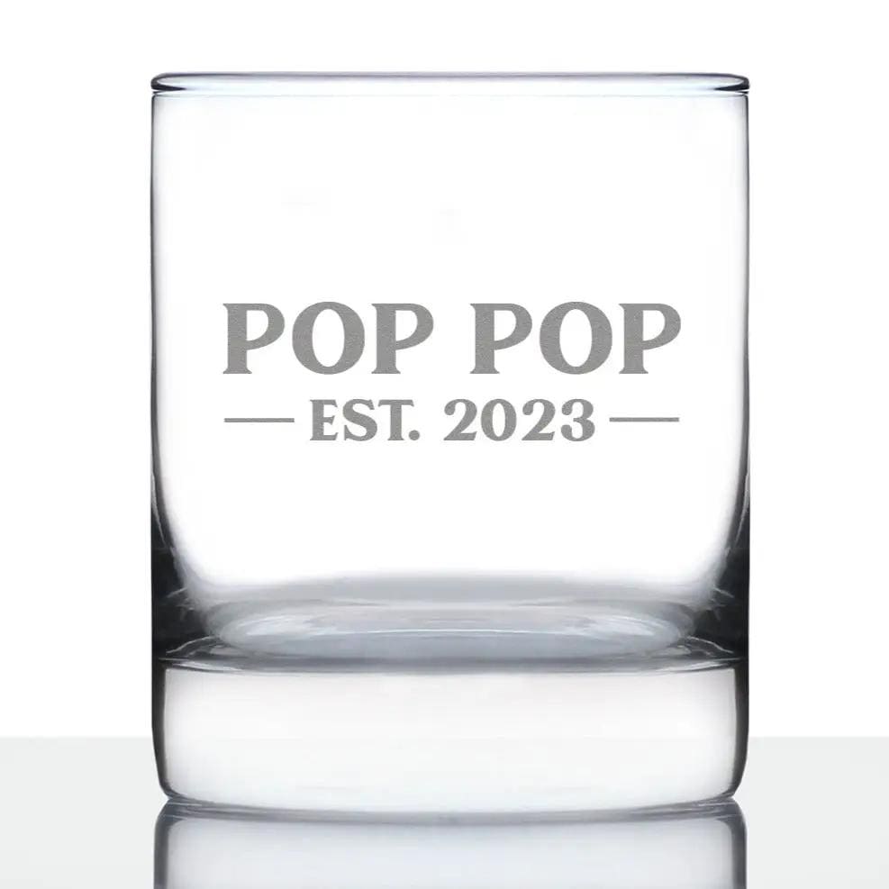 Etched Rocks Glass | 10 oz Whiskey Glass | Dishwasher Safe | Pop Pop Est. 2023 Bold