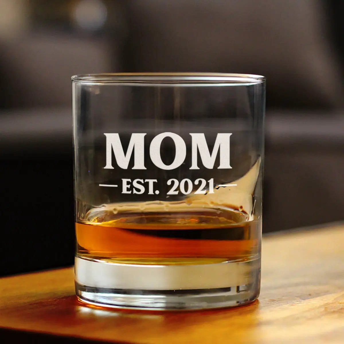 Etched Rocks Glass | 10 oz Whiskey Glass | Dishwasher Safe | Mom Est. 2021 - Bold