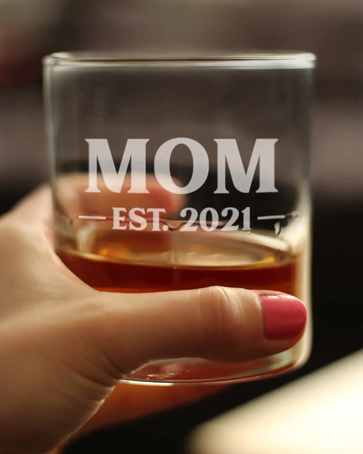 Etched Rocks Glass | 10 oz Whiskey Glass | Dishwasher Safe | Mom Est. 2021 - Bold