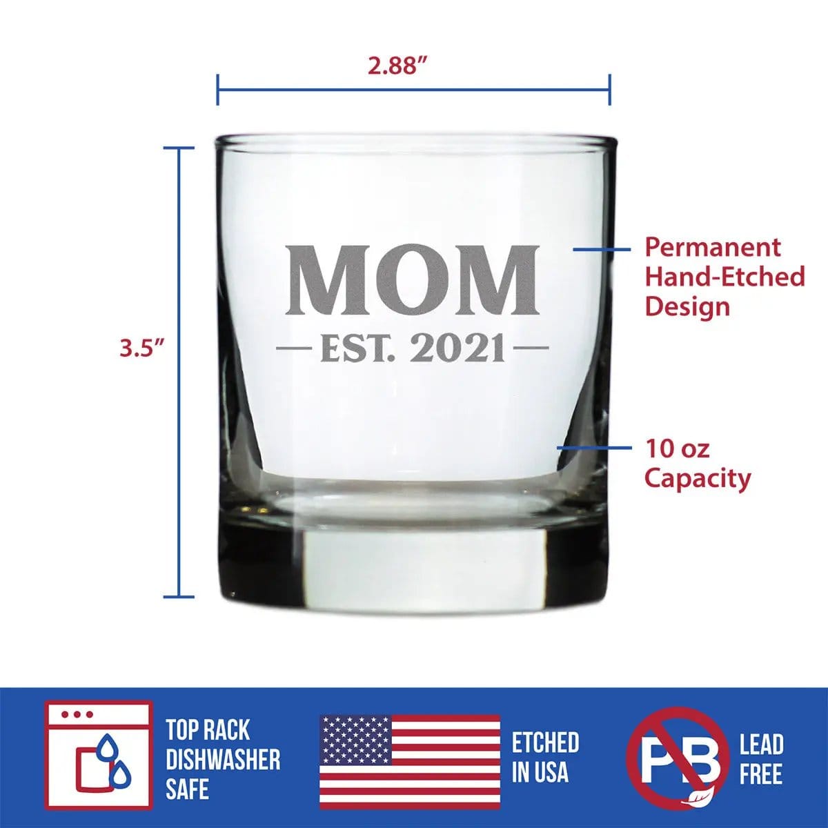Etched Rocks Glass | 10 oz Whiskey Glass | Dishwasher Safe | Mom Est. 2021 - Bold