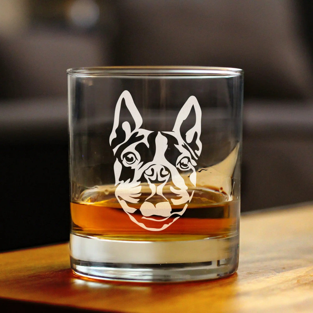 Etched Rocks Glass | 10.25 oz Whiskey Glass | Dishwasher Safe | Boston Terrier Face