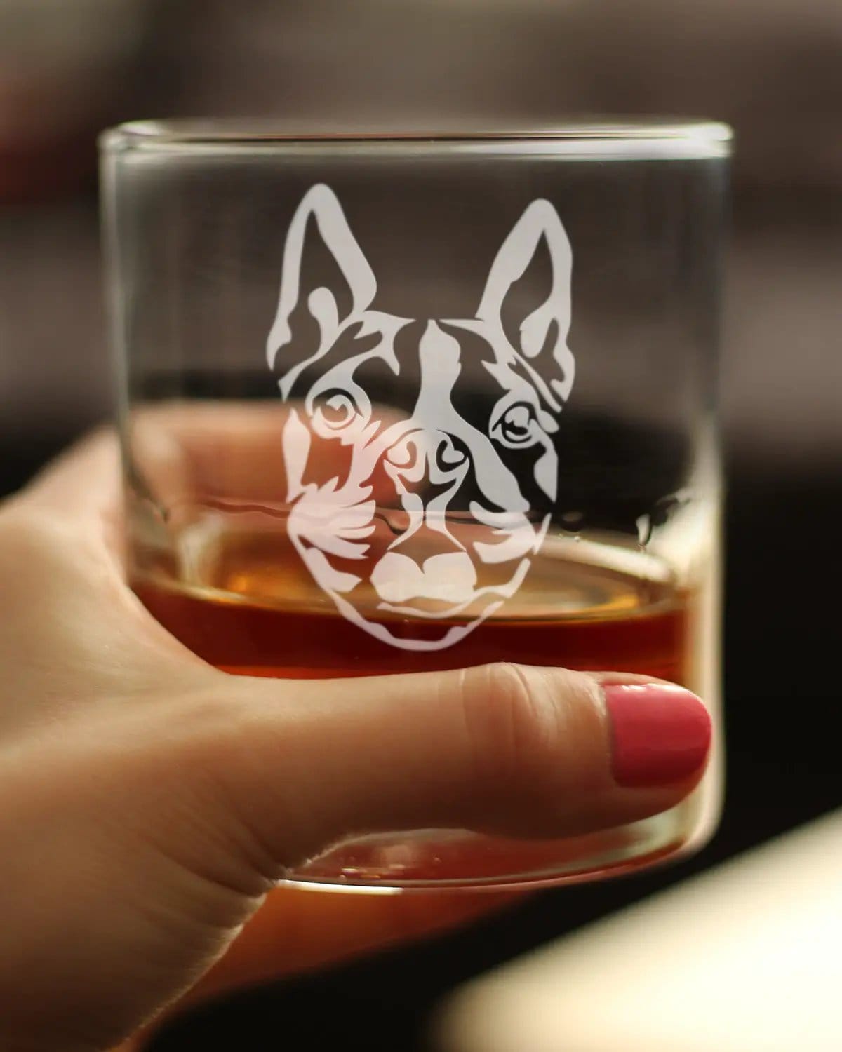 Etched Rocks Glass | 10.25 oz Whiskey Glass | Dishwasher Safe | Boston Terrier Face