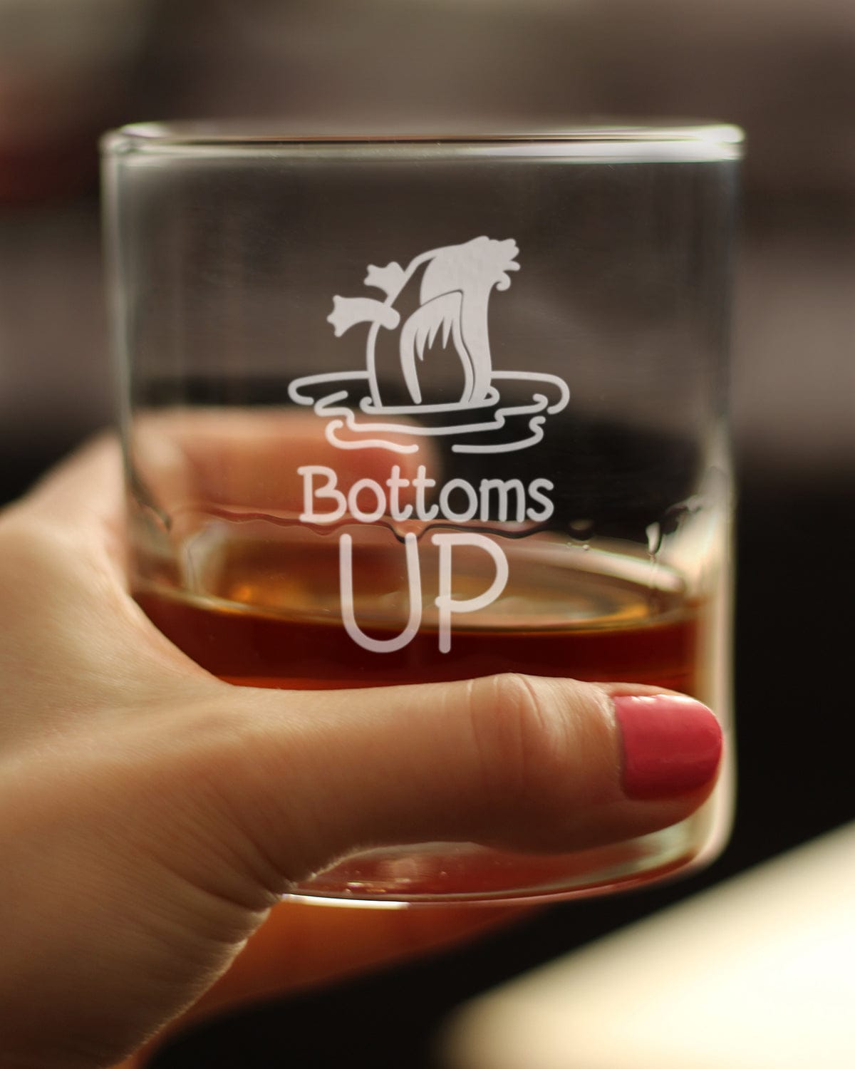 Etched Rocks Glass | 10 oz Whiskey Glass | Dishwasher Safe | Bottoms Up