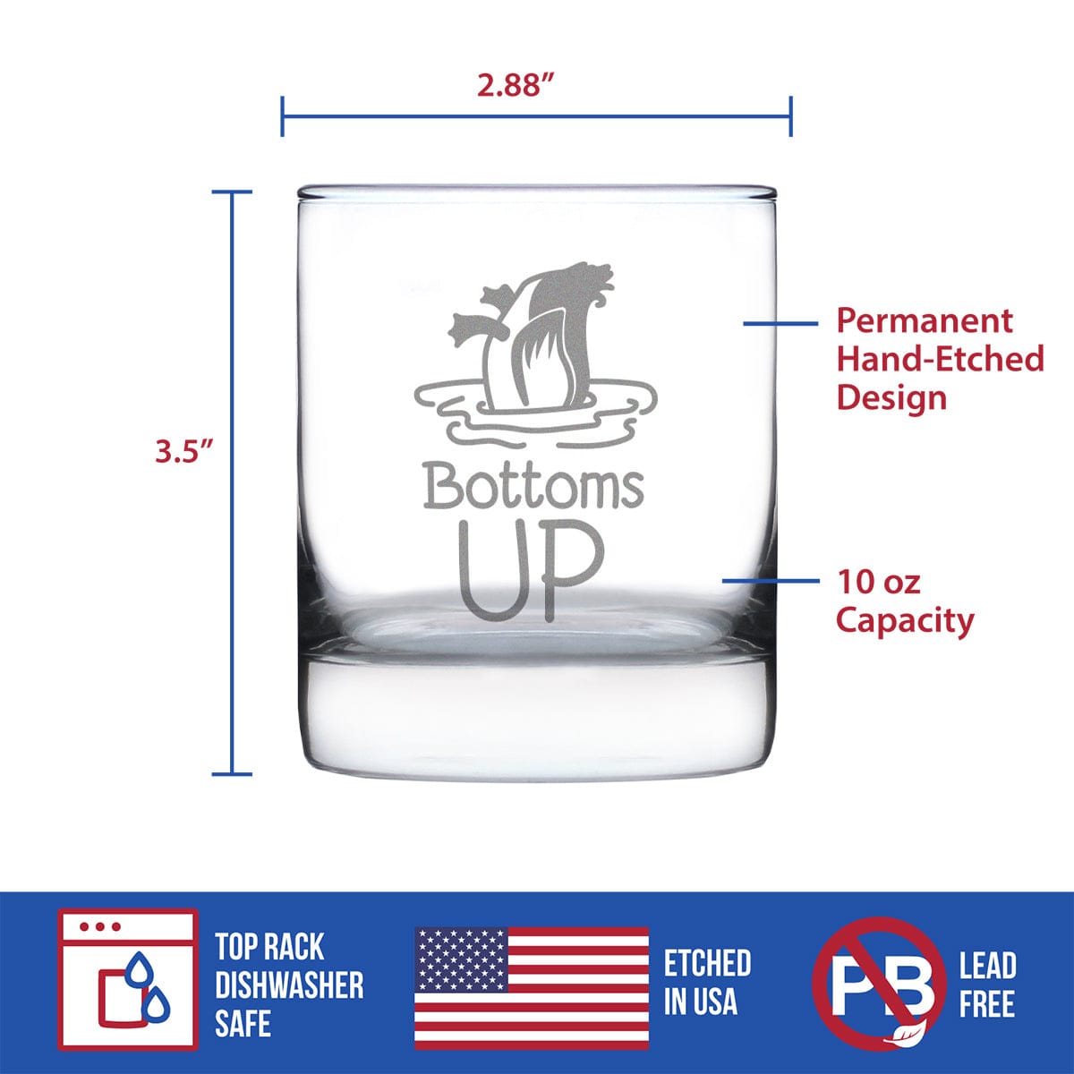 Etched Rocks Glass | 10 oz Whiskey Glass | Dishwasher Safe | Bottoms Up