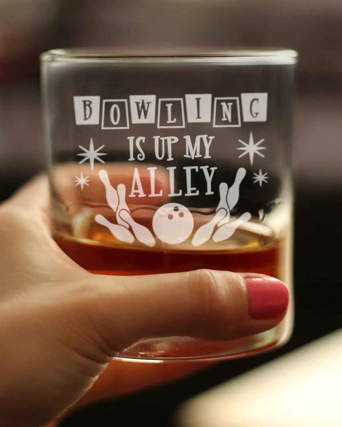 Etched Rocks Glass | 10.25 oz Whiskey Glass | Dishwasher Safe | Bowling Alley Is Up My Alley