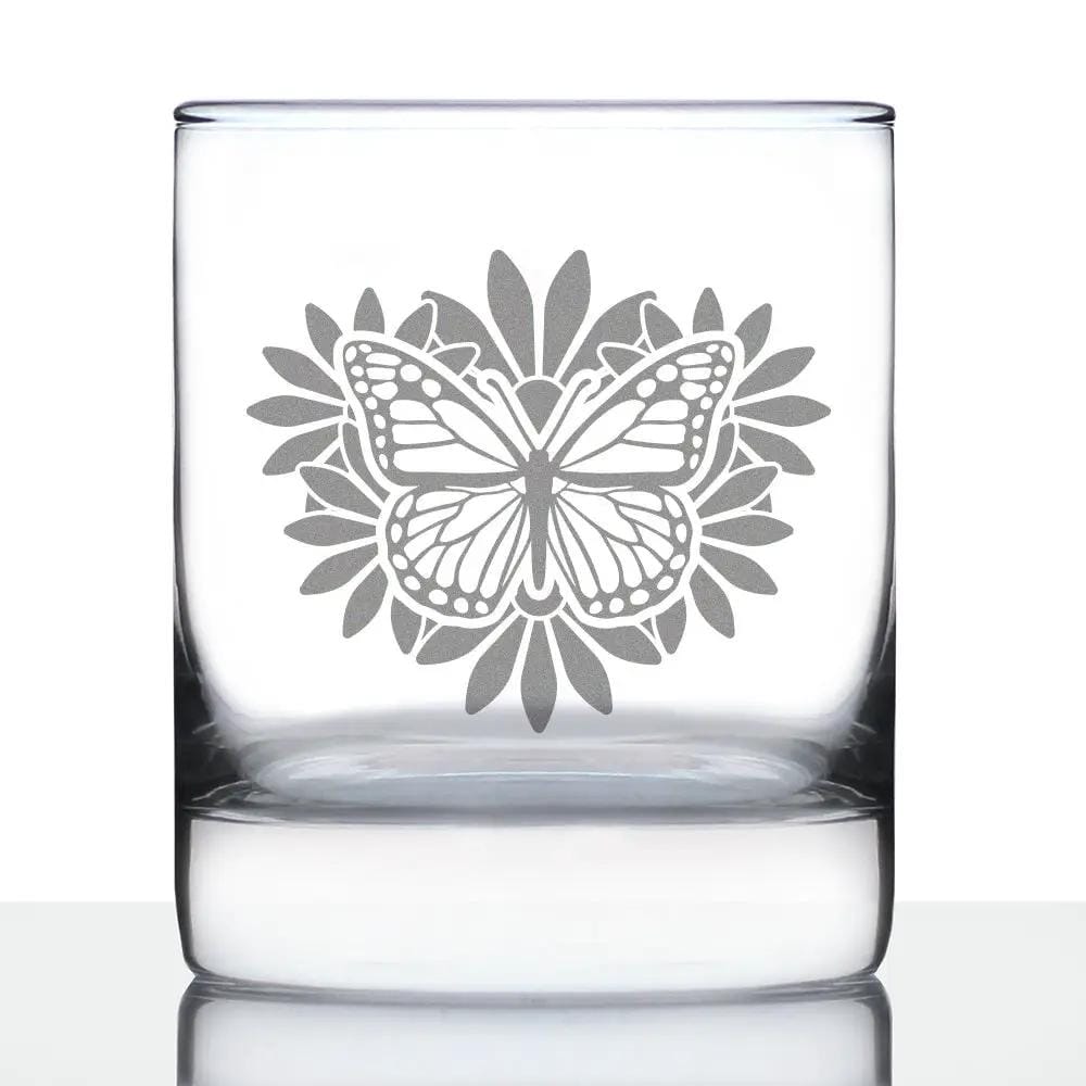 Etched Rocks Glass | 10.25 oz Whiskey Glass | Dishwasher Safe | Monarch Butterfly