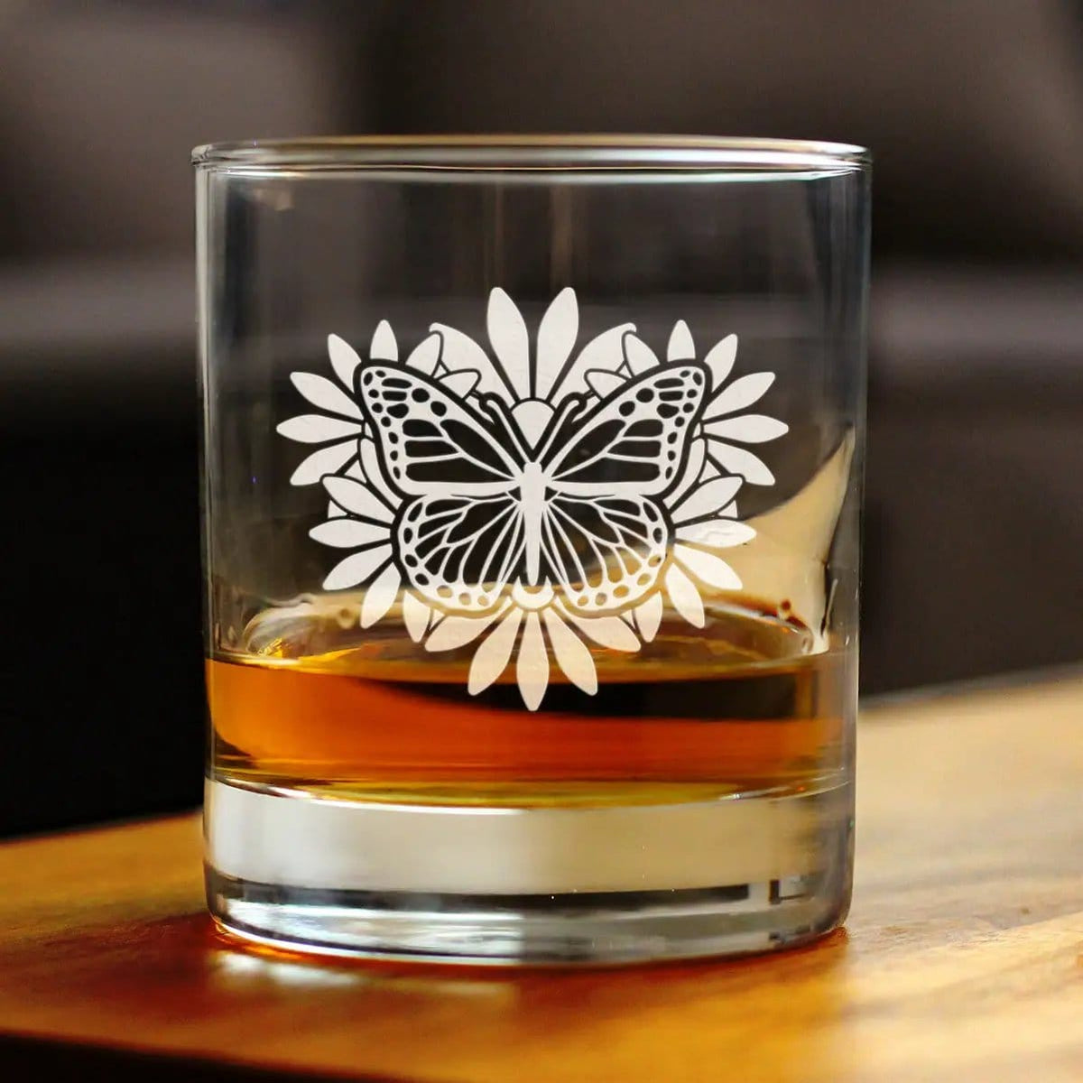 Etched Rocks Glass | 10.25 oz Whiskey Glass | Dishwasher Safe | Monarch Butterfly