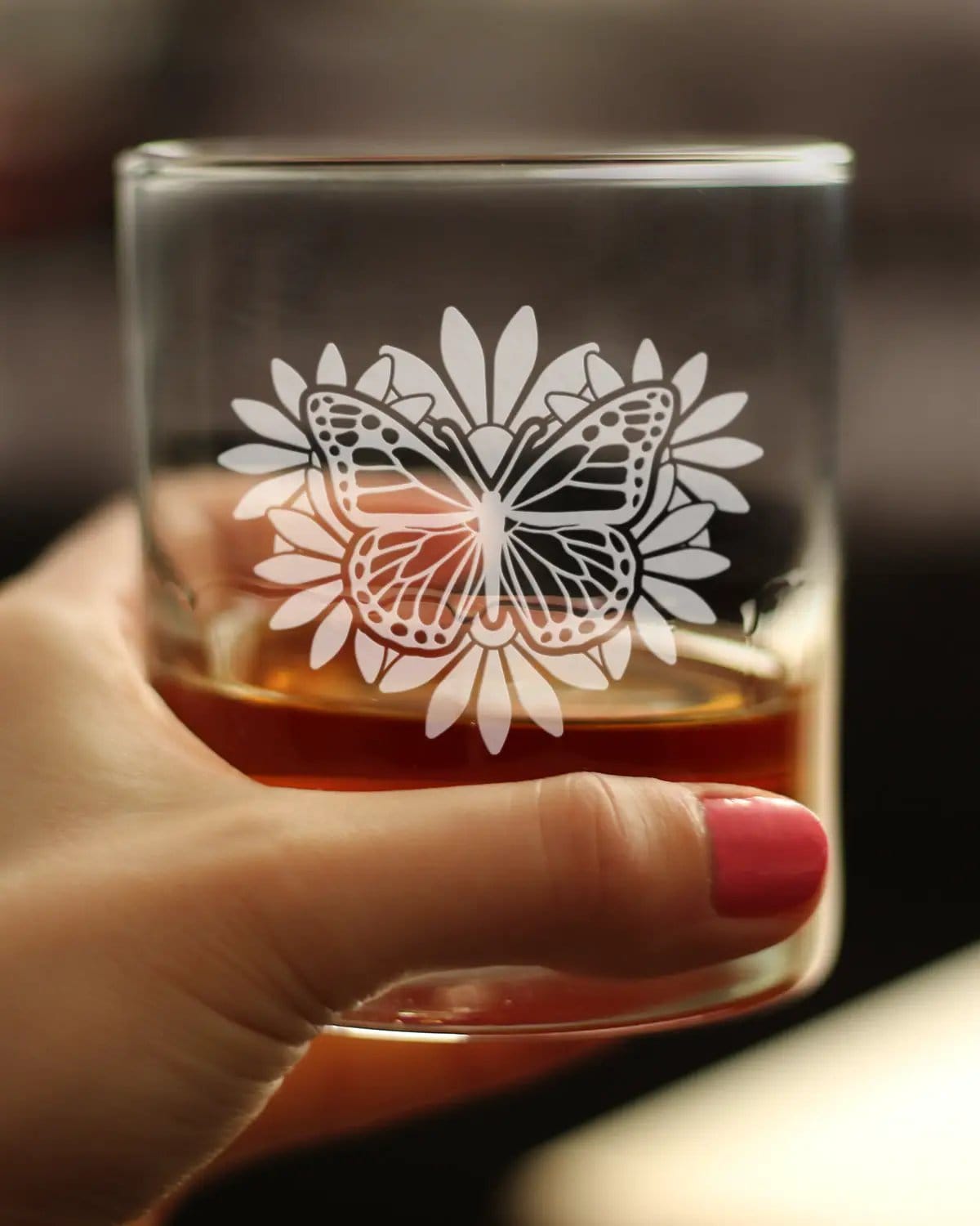 Etched Rocks Glass | 10.25 oz Whiskey Glass | Dishwasher Safe | Monarch Butterfly