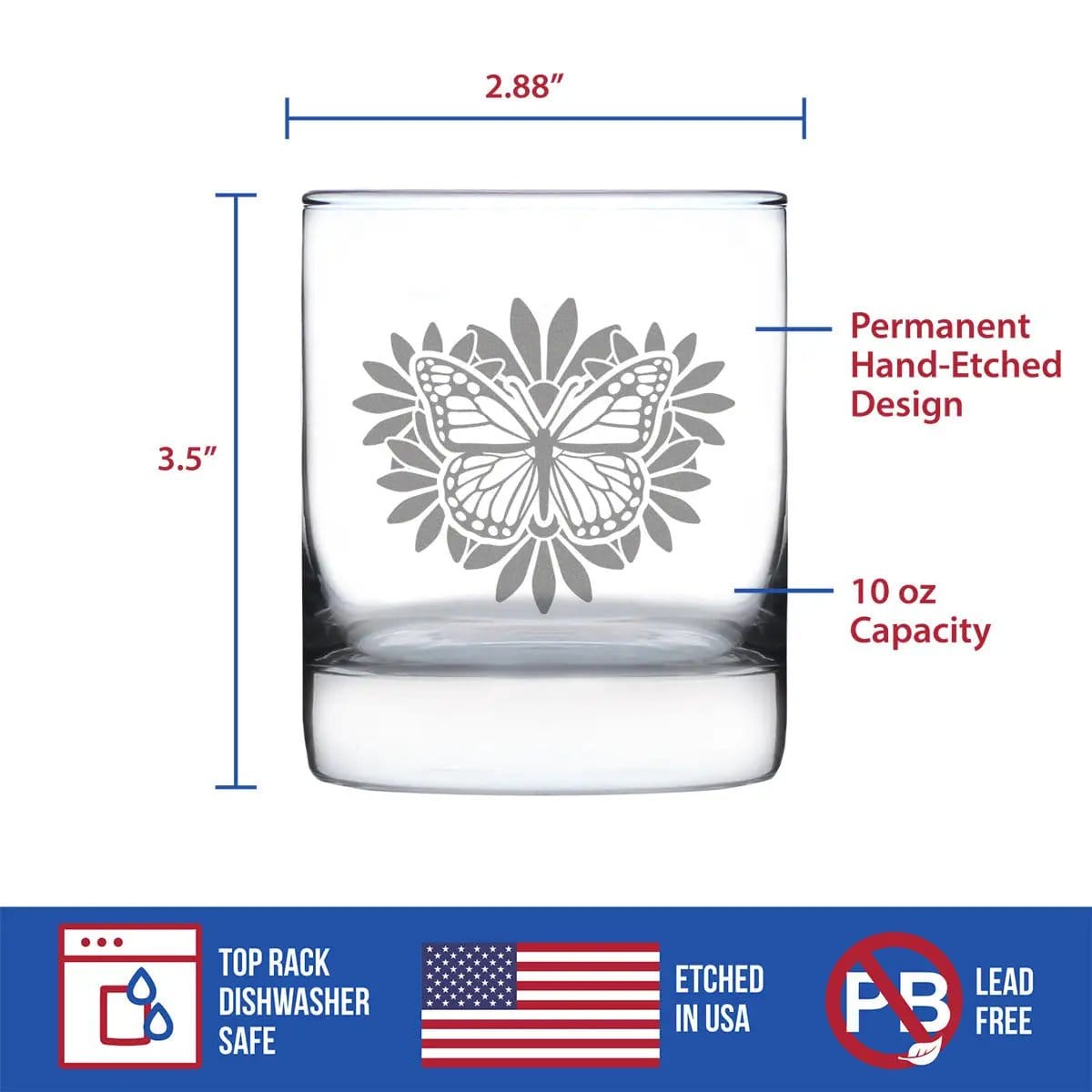 Etched Rocks Glass | 10.25 oz Whiskey Glass | Dishwasher Safe | Monarch Butterfly