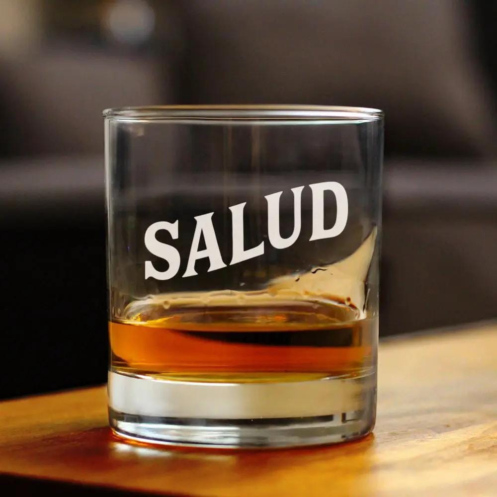 Etched Rocks Glass | 10.25 oz Whiskey Glass | Dishwasher Safe | Salud - Spanish Cheers