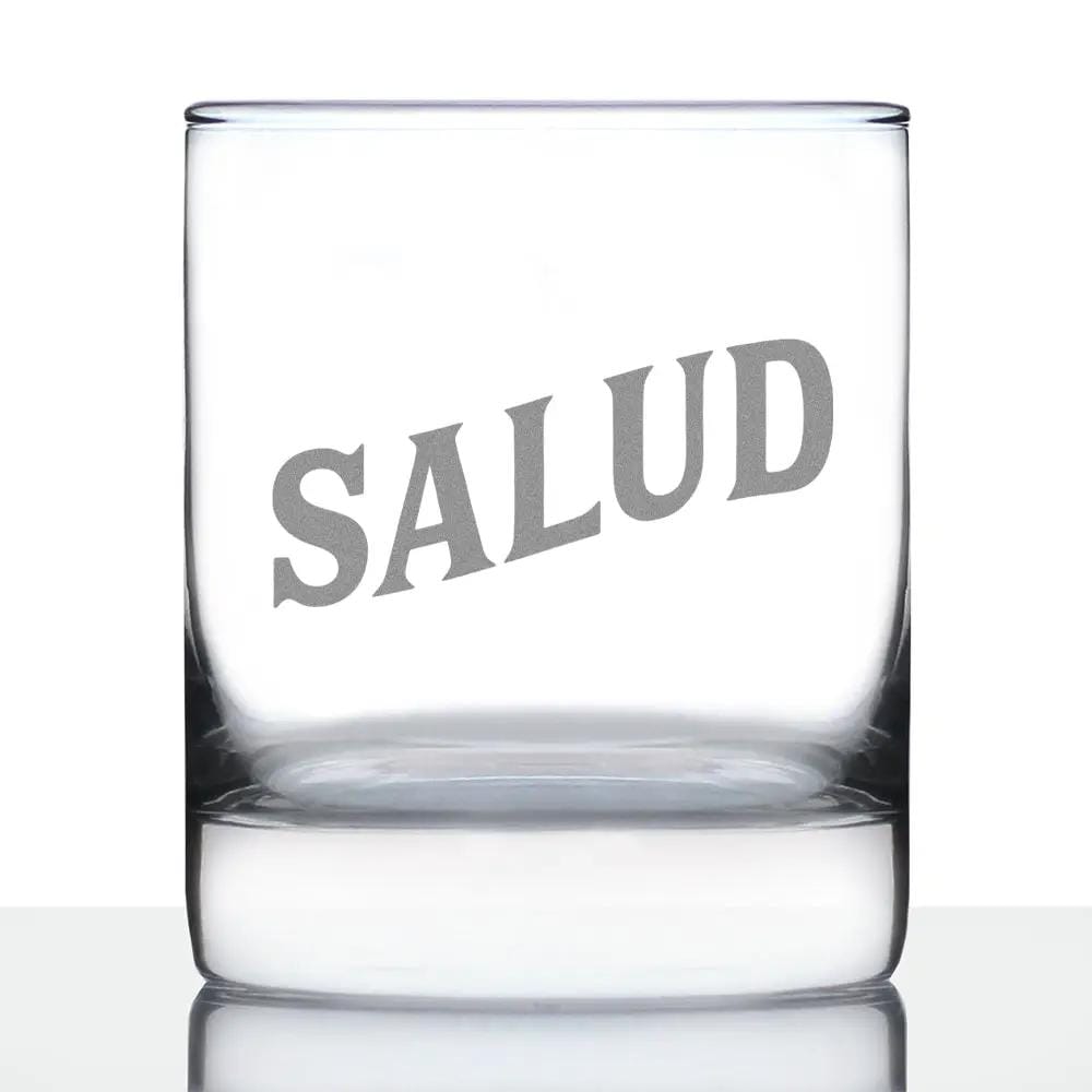 Etched Rocks Glass | 10.25 oz Whiskey Glass | Dishwasher Safe | Salud - Spanish Cheers