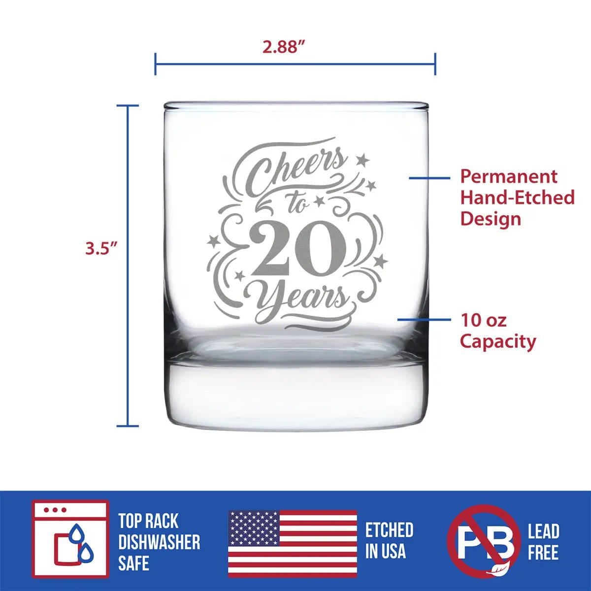 Etched Rocks Glass | 10.25 oz Whiskey Glass | Dishwasher Safe | Cheers to 20 Years
