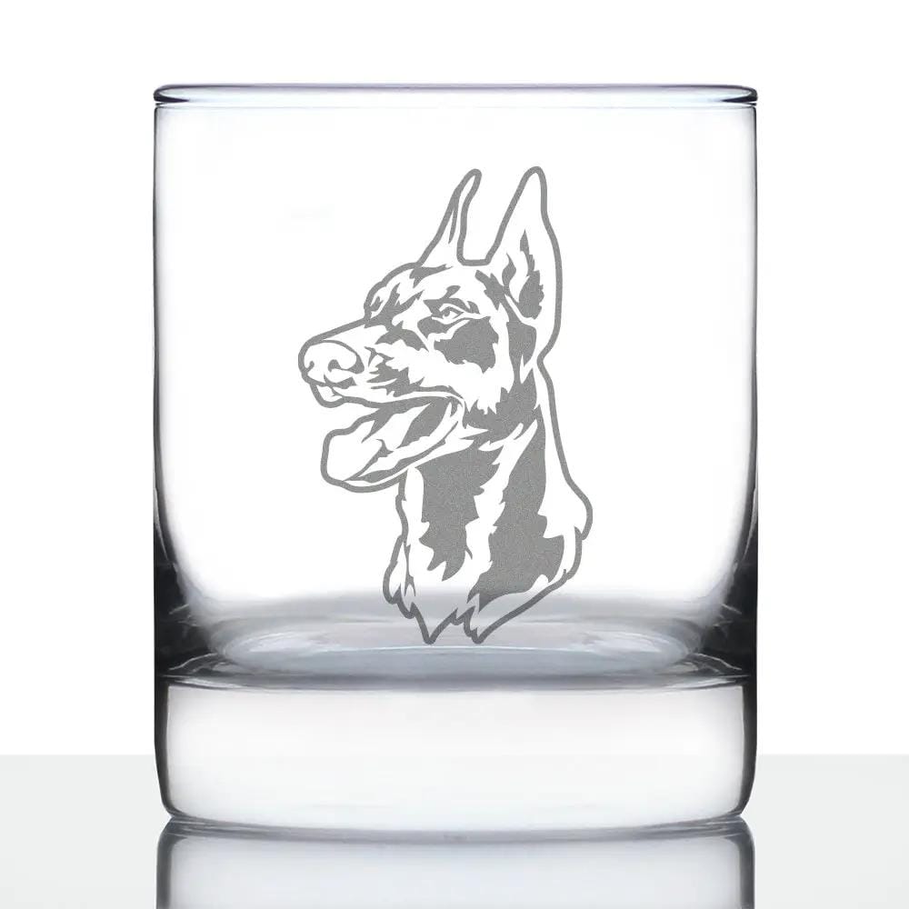 Etched Rocks Glass | 10.25 oz Whiskey Glass | Dishwasher Safe | Doberman Face