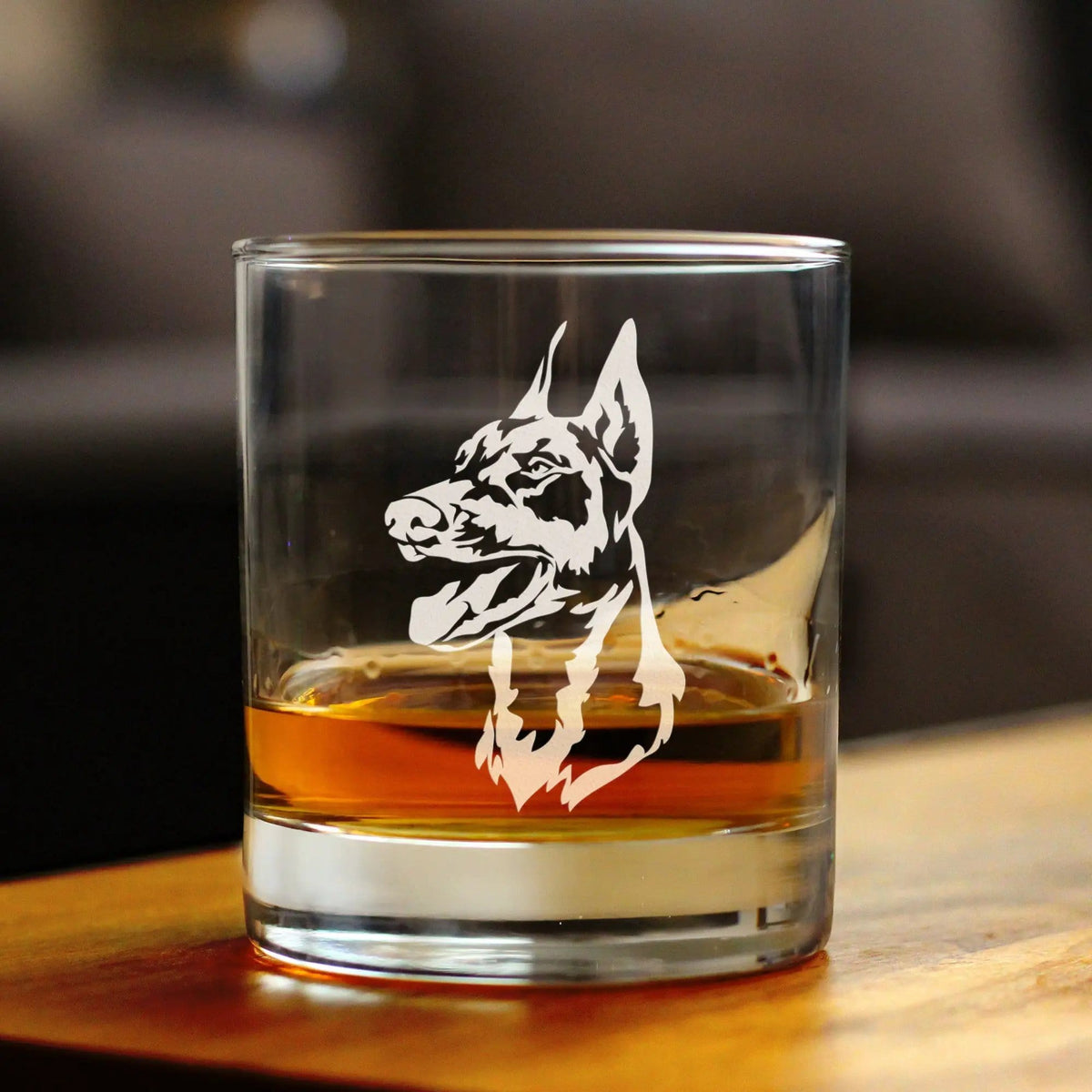 Etched Rocks Glass | 10.25 oz Whiskey Glass | Dishwasher Safe | Doberman Face
