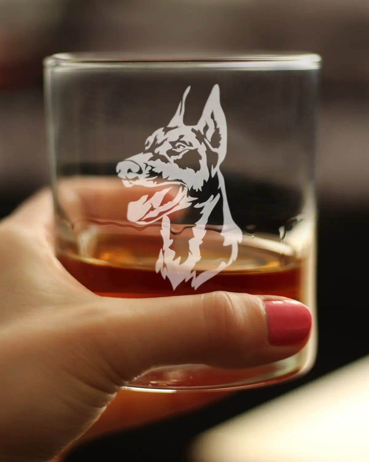 Etched Rocks Glass | 10.25 oz Whiskey Glass | Dishwasher Safe | Doberman Face