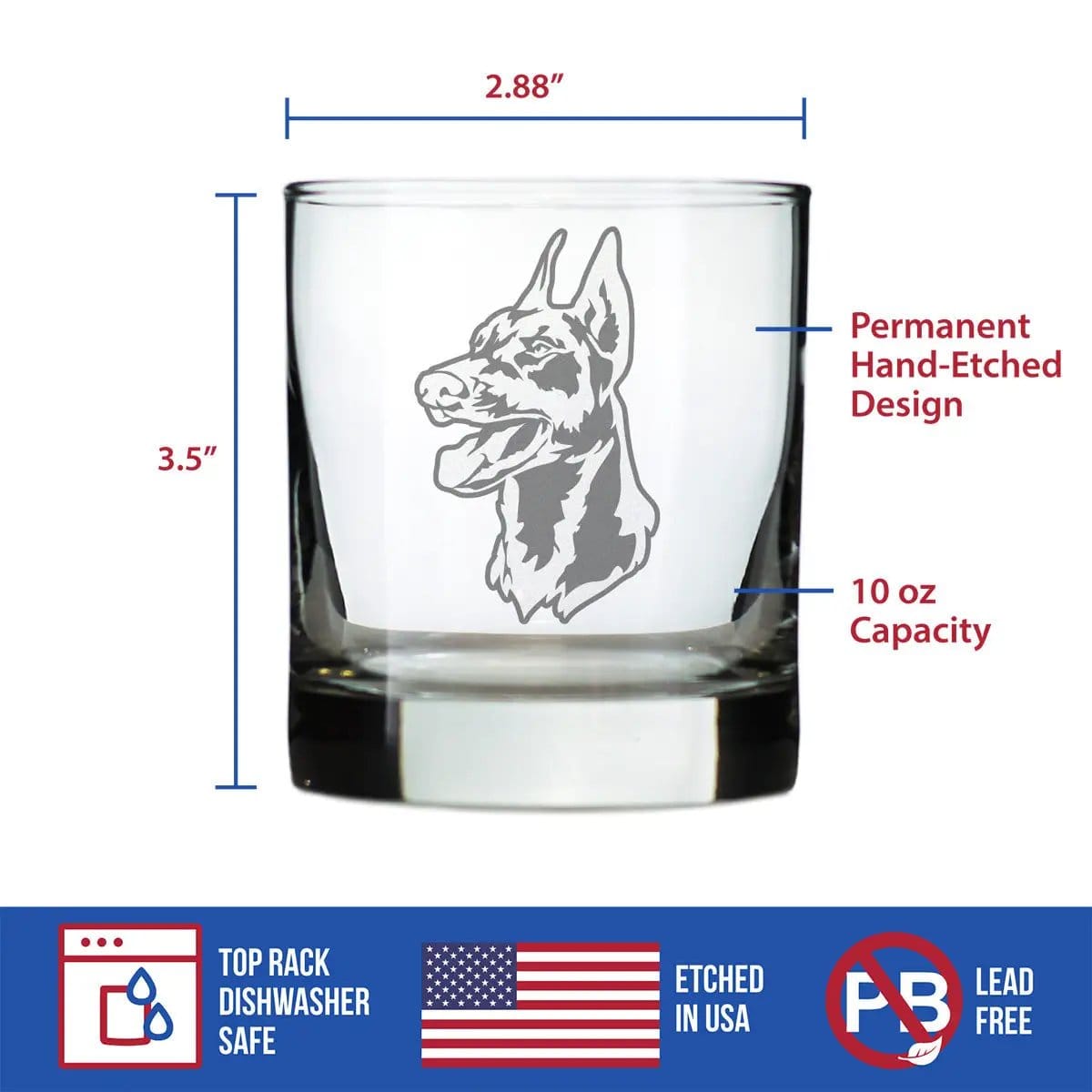 Etched Rocks Glass | 10.25 oz Whiskey Glass | Dishwasher Safe | Doberman Face