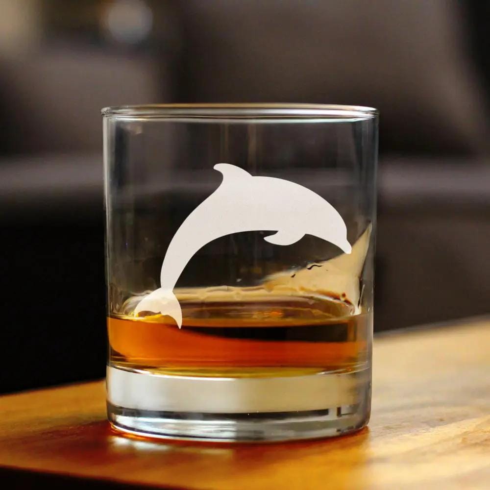 Etched Rocks Glass | 10 oz Whiskey Glass | Dishwasher Safe | Dolphin