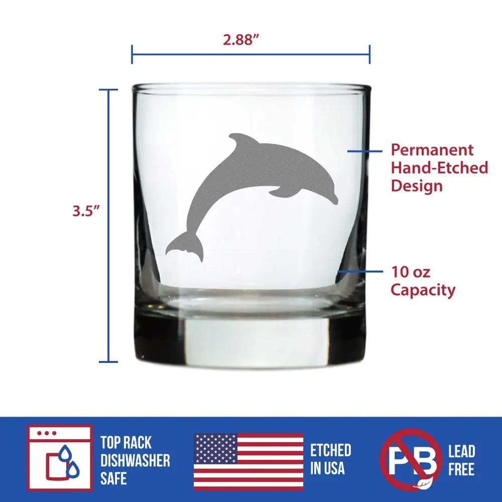 Etched Rocks Glass | 10 oz Whiskey Glass | Dishwasher Safe | Dolphin