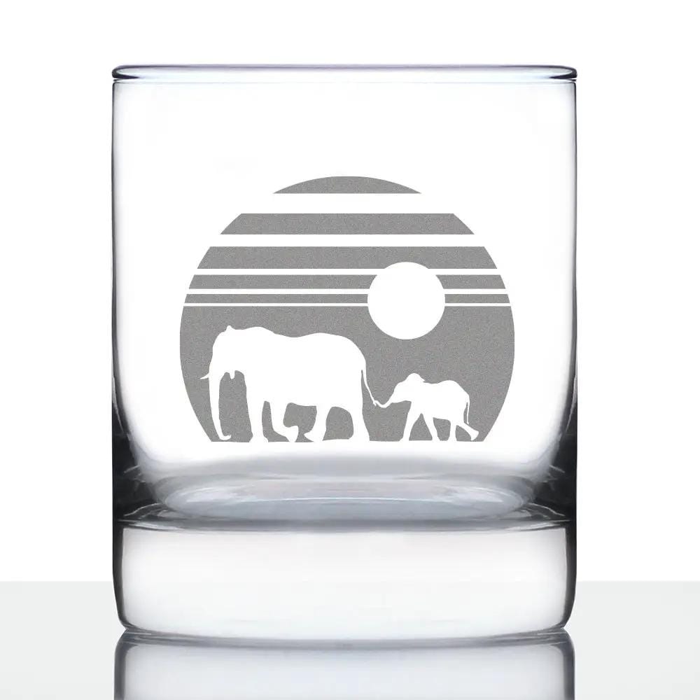 Etched Rocks Glass | 10 oz Whiskey Glass | Dishwasher Safe | Elephant Sunset