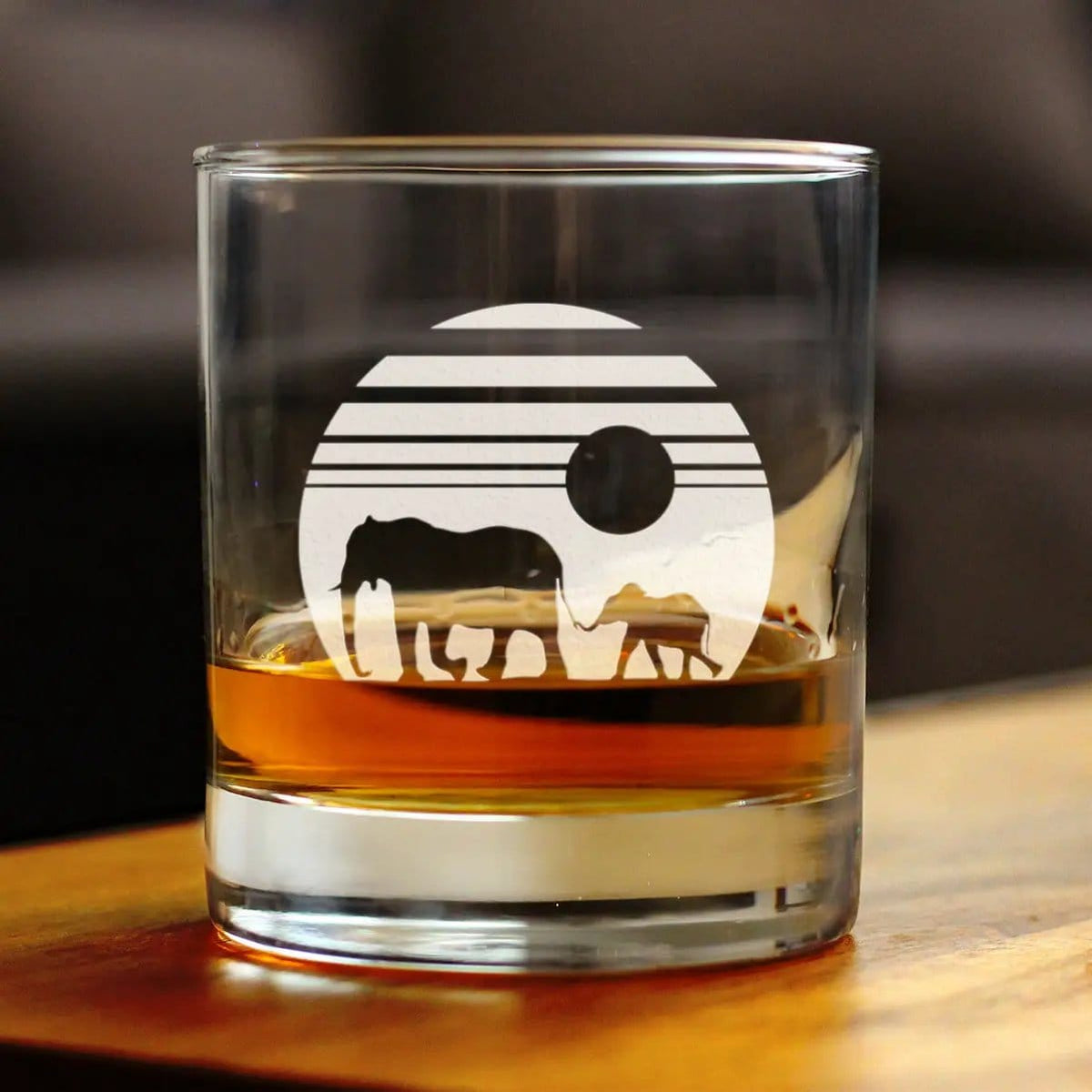 Etched Rocks Glass | 10 oz Whiskey Glass | Dishwasher Safe | Elephant Sunset