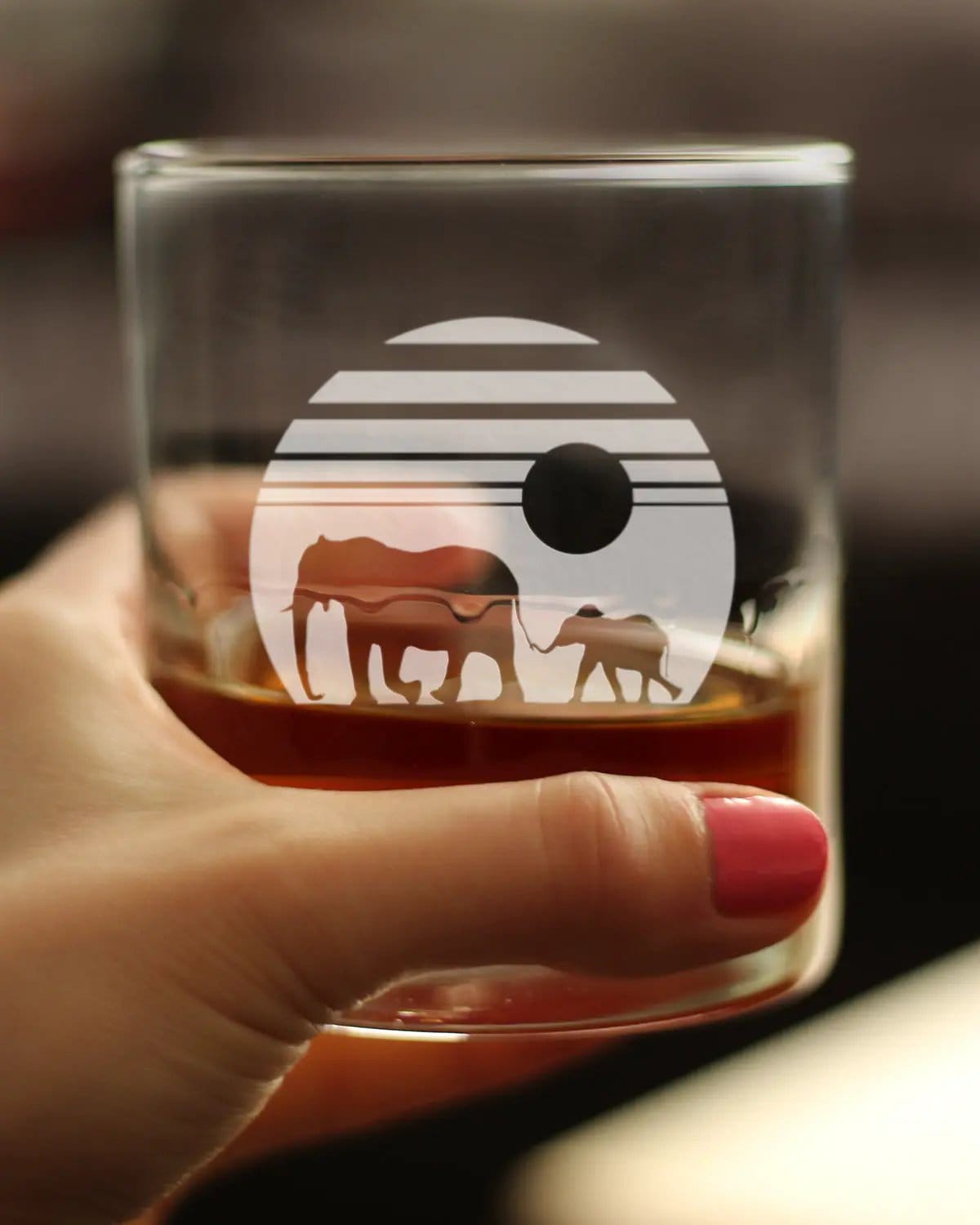 Etched Rocks Glass | 10 oz Whiskey Glass | Dishwasher Safe | Elephant Sunset