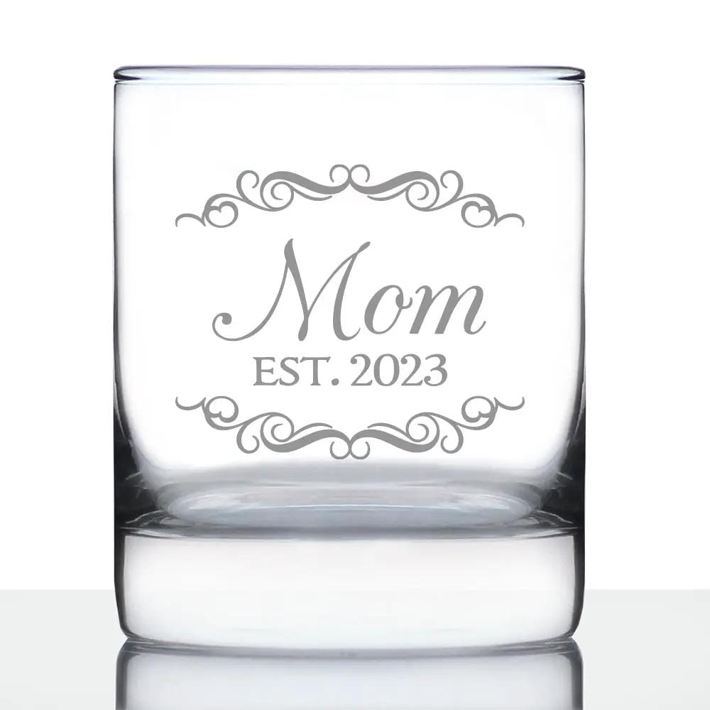 Etched Rocks Glass | 10 oz Whiskey Glass | Dishwasher Safe | Mom Est. 2023 - Decorative