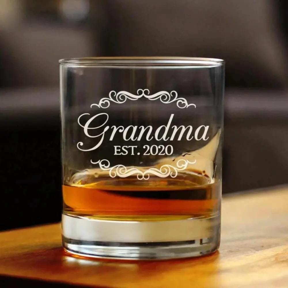 Etched Rocks Glass | 10 oz Whiskey Glass | Dishwasher Safe | Grandma Est. 2020