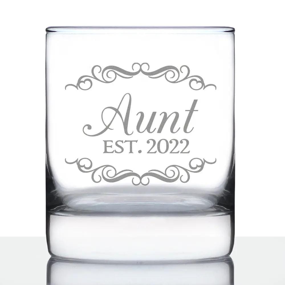 Etched Rocks Glass | 10.25 oz Whiskey Glass | Dishwasher Safe | Aunt Est 2022 - New Aunties
