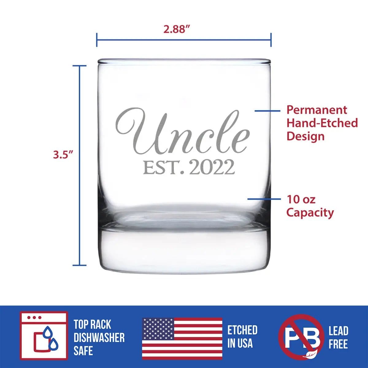 Etched Rocks Glass | 10.25 oz Whiskey Glass | Dishwasher Safe | Uncle Est 2022 (Style 2)