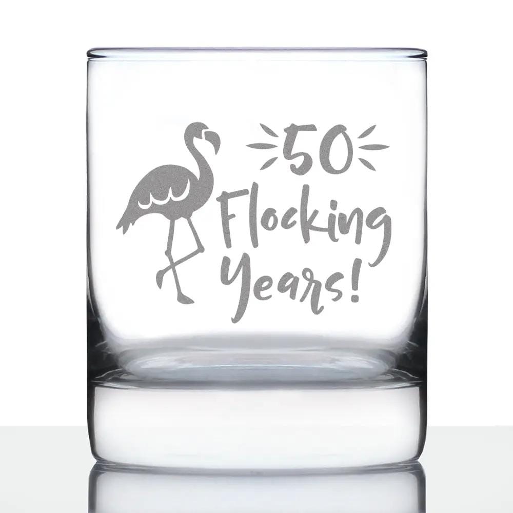 Etched Rocks Glass | 10 oz Whiskey Glass | Dishwasher Safe | 50 Flocking Years