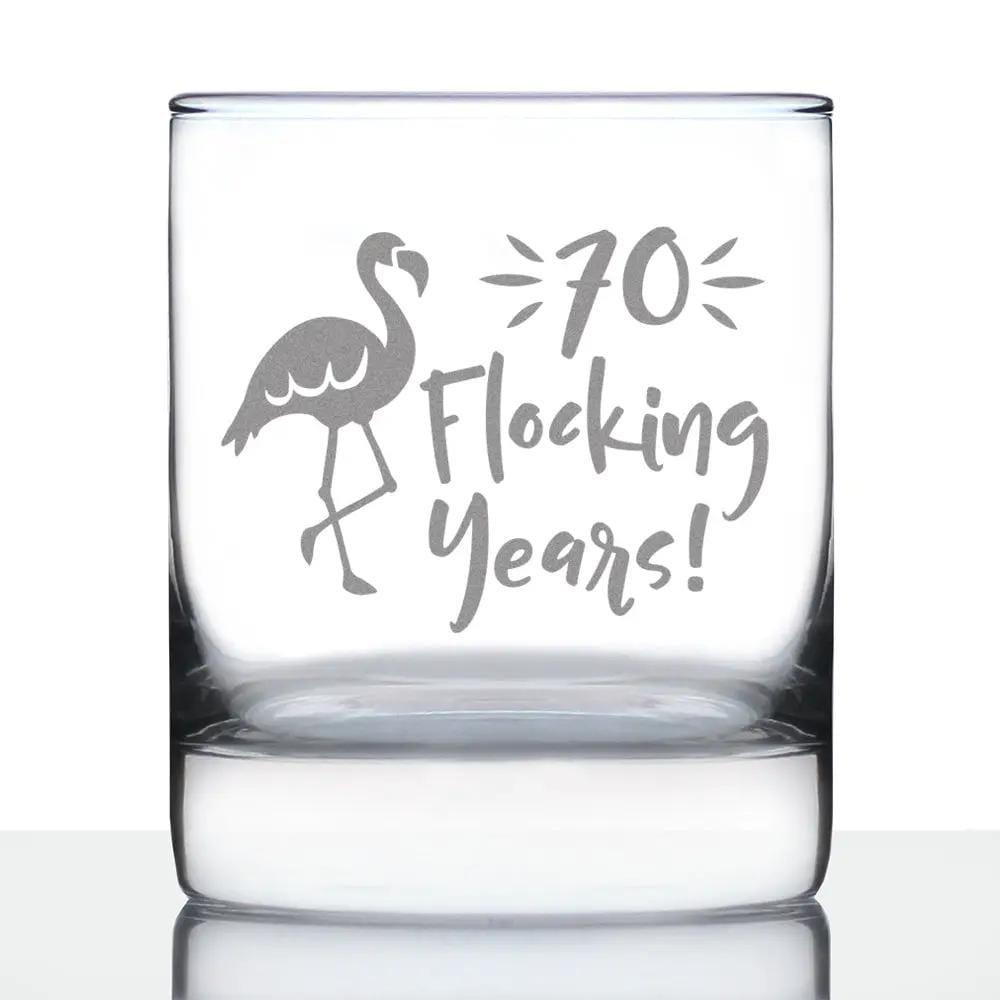 Etched Rocks Glass | 10 oz Whiskey Glass | Dishwasher Safe | 70 Flocking Years