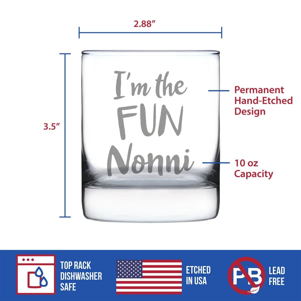 Etched Rocks Glass | 10 oz Whiskey Glass | Dishwasher Safe | I'm the Fun Nonni