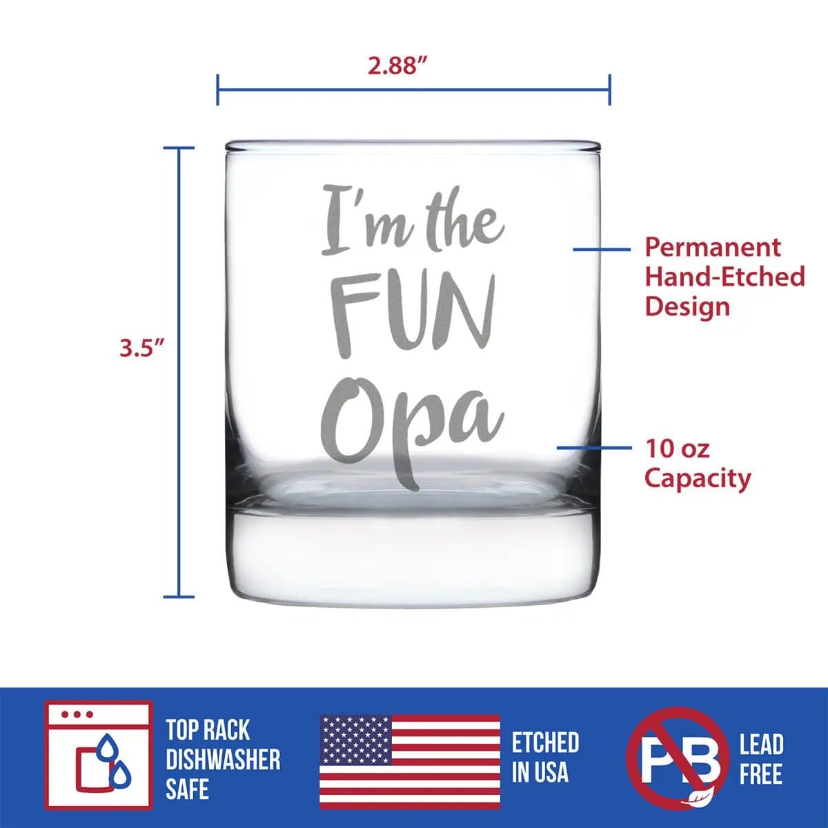 Etched Rocks Glass | 10 oz Whiskey Glass | Dishwasher Safe | I'm the Fun Opa