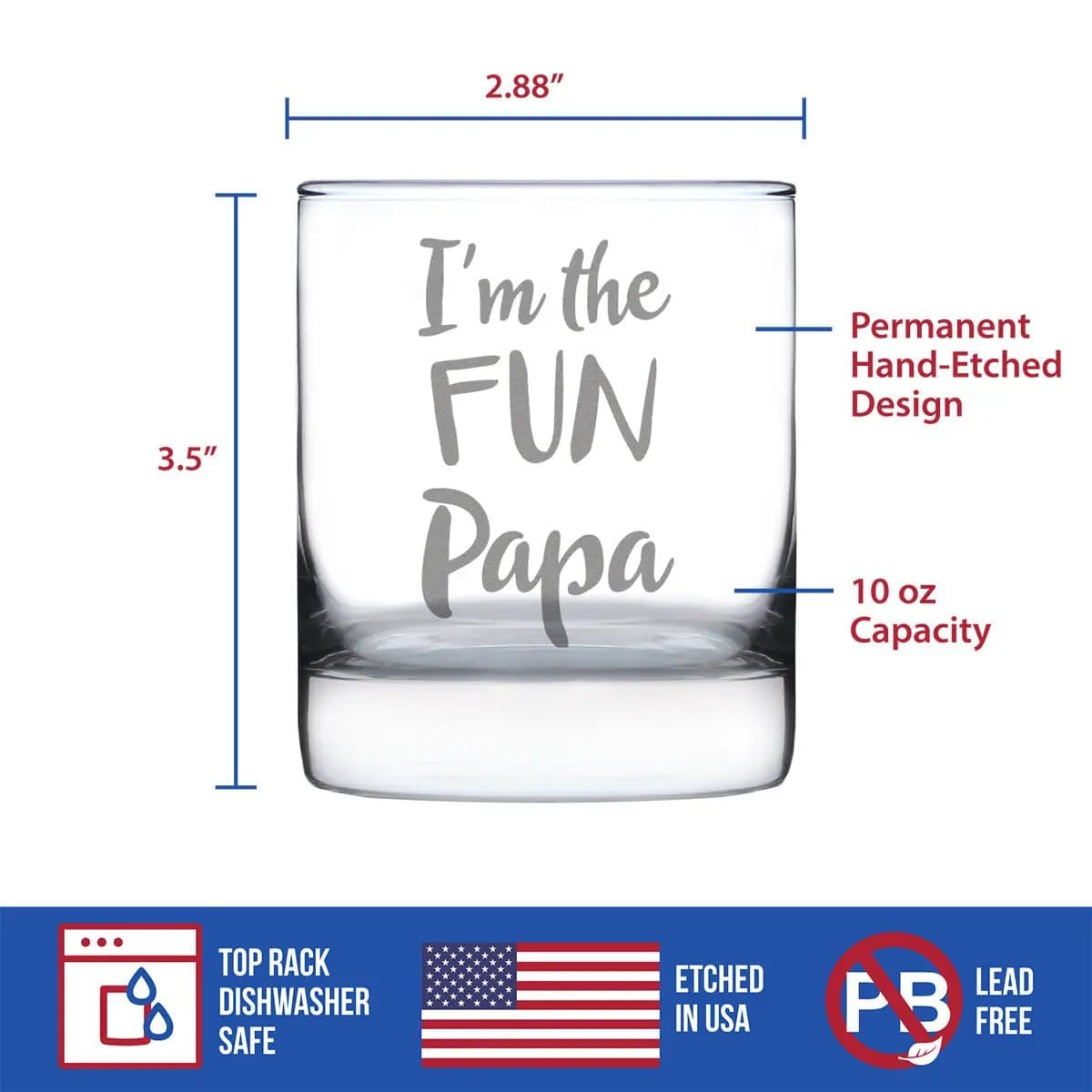Etched Rocks Glass | 10 oz Whiskey Glass | Dishwasher Safe | I'm the Fun Papa